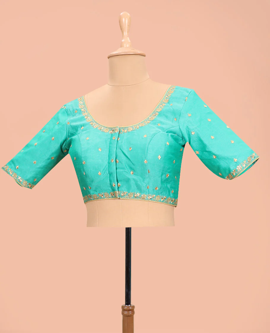 Turquoise embroidered round neck with elbow sleeve raw-silk blouse
