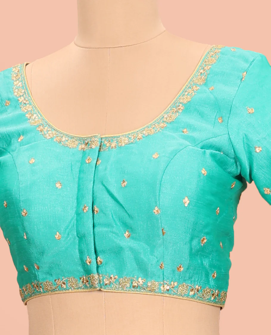 Turquoise embroidered round neck with elbow sleeve raw-silk blouse - Image 2