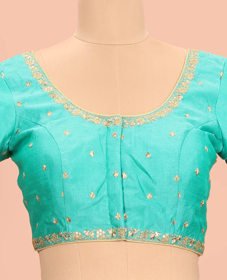 Turquoise embroidered round neck with elbow sleeve raw-silk blouse - Image 3