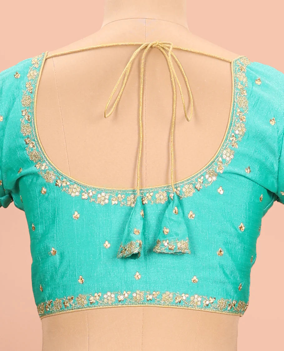 Turquoise embroidered round neck with elbow sleeve raw-silk blouse - Image 4