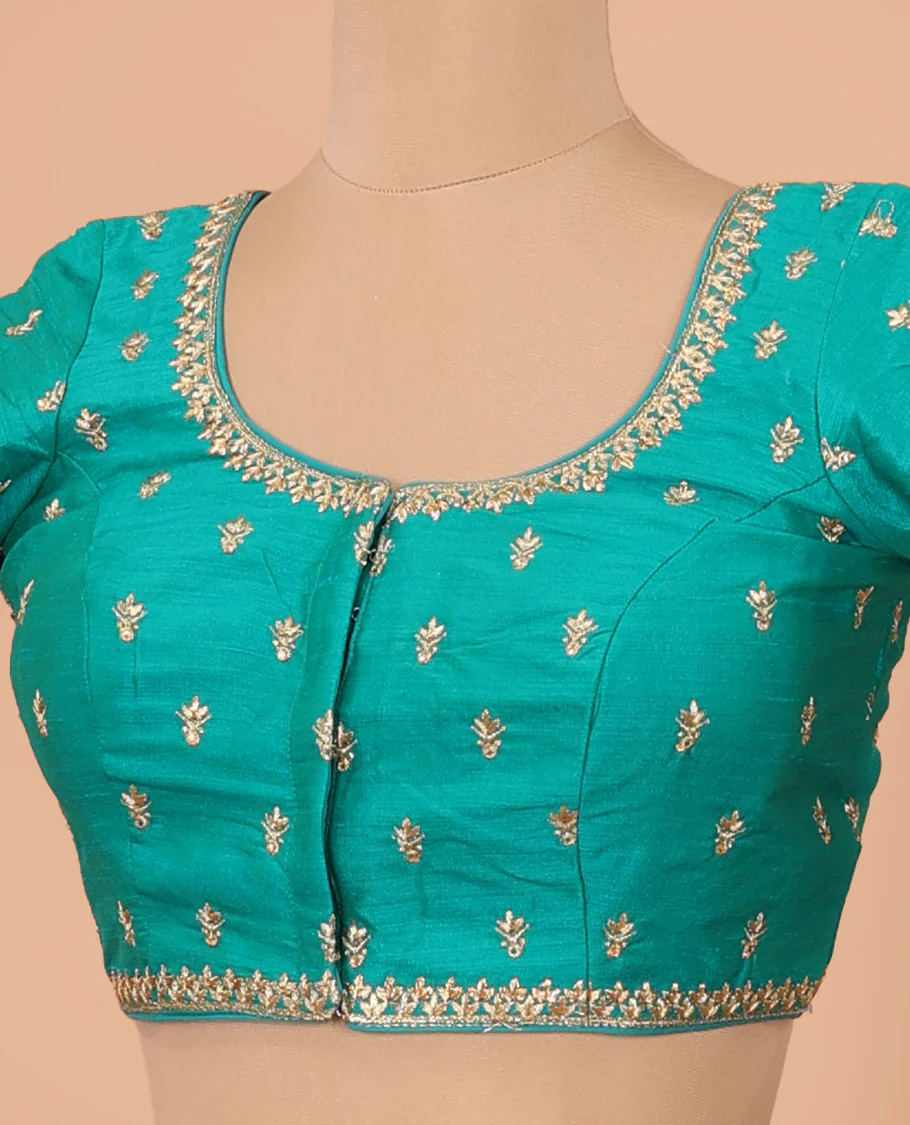 Turquoise intricate motifs thread embroidered front-back round neck elbow sleeve blouse - Image 2