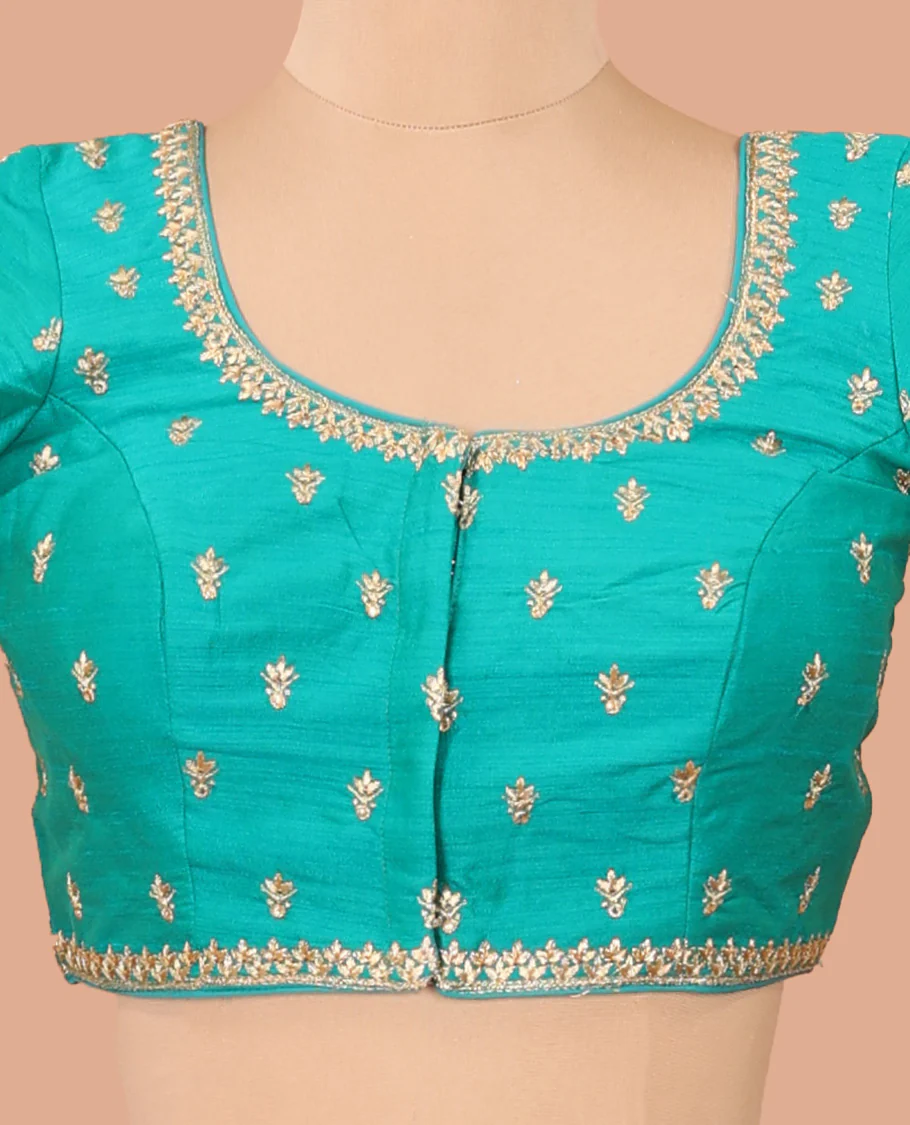 Turquoise intricate motifs thread embroidered front-back round neck elbow sleeve blouse - Image 3