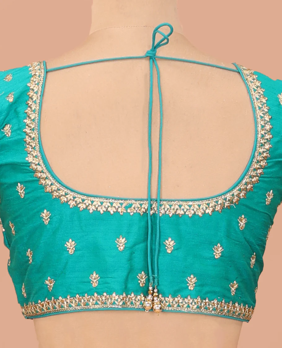 Turquoise intricate motifs thread embroidered front-back round neck elbow sleeve blouse - Image 4