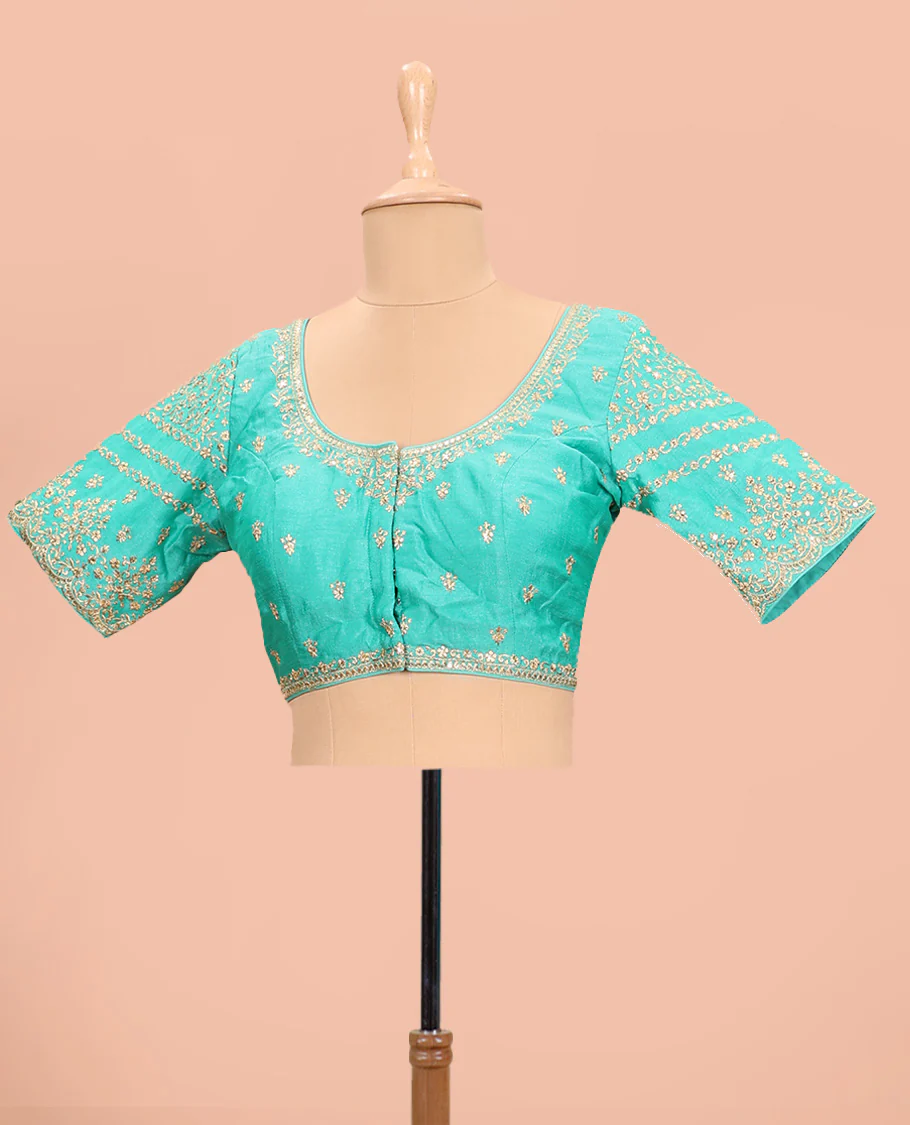 Turquoise intricately floral embroidered round neck with elbow sleeve raw-silk blouse