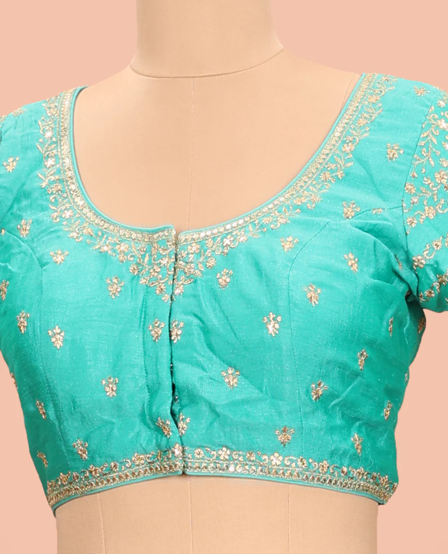 Turquoise intricately floral embroidered round neck with elbow sleeve raw-silk blouse - Image 2