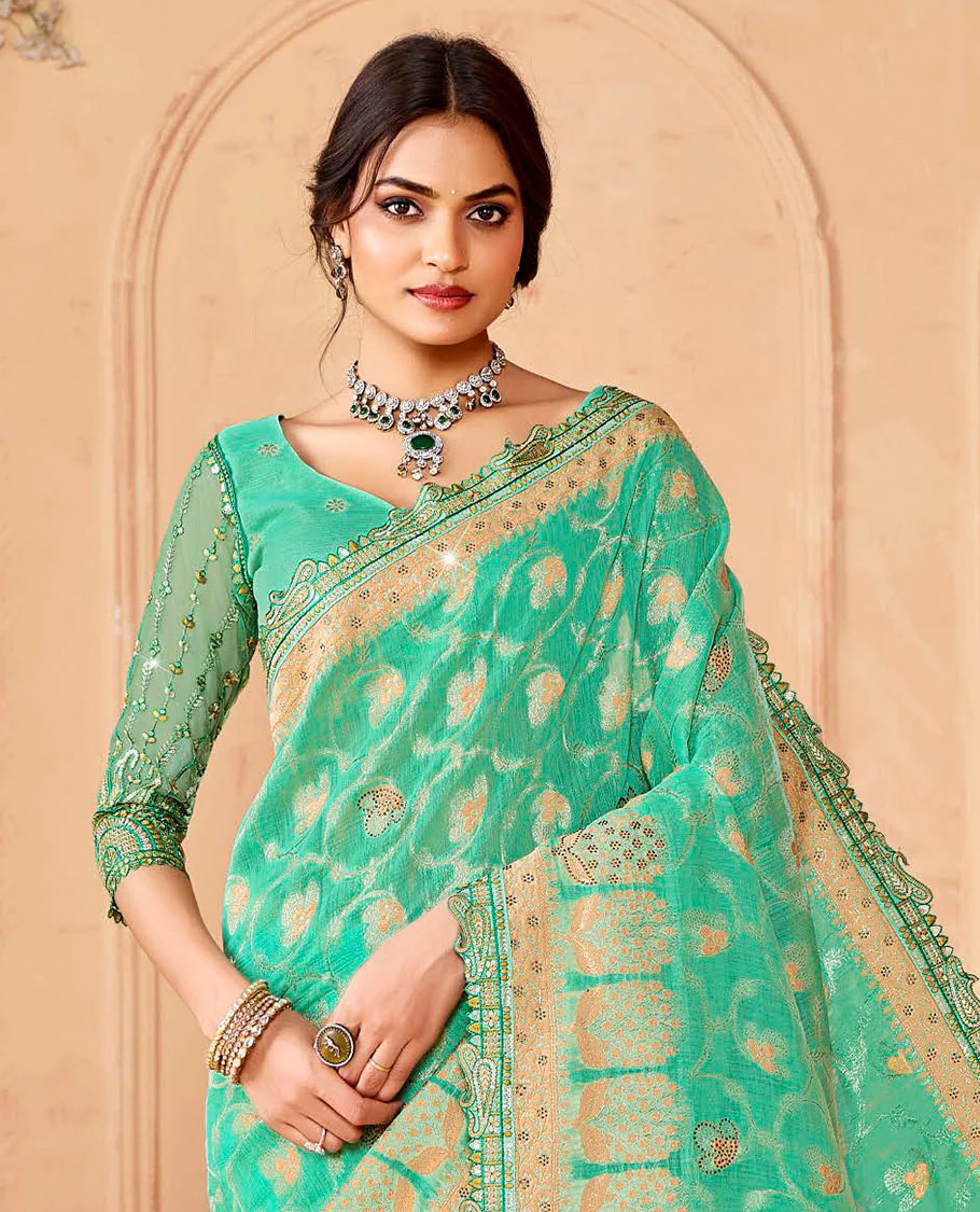 Turquoise jaal and micro-stone work designer saree, paisleys embroidered scallop border, and  pallu of ogee patterns and stone work - Image 2