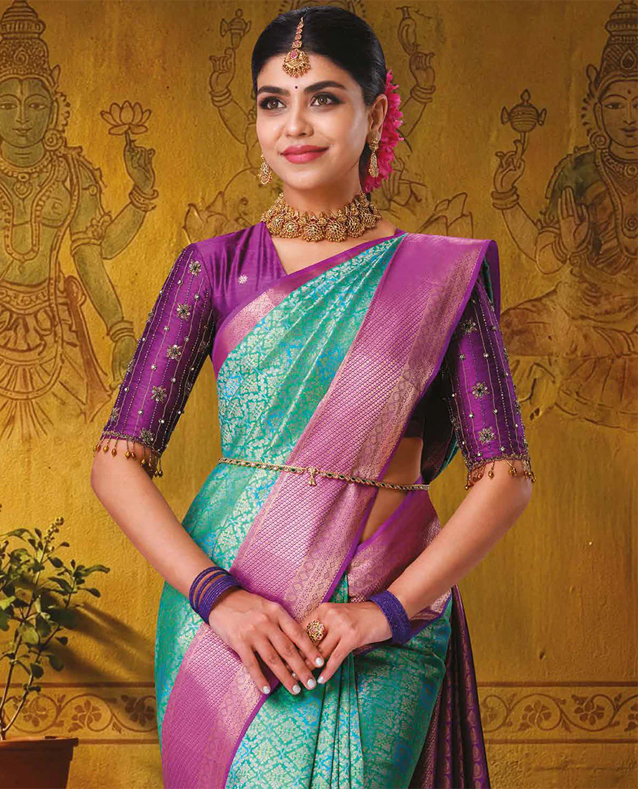 Turquoise jacquard kanchipuram wedding silk saree, contrast traditional zari design border, and intricately zari woven pallu - Image 2