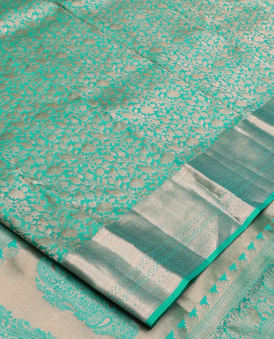 Turquoise jacquard Kanchipuram wedding silk saree, zari border of kathir, mayil kann, rettai neli, and lavangam kodi designs, and manga design pallu - Image 2