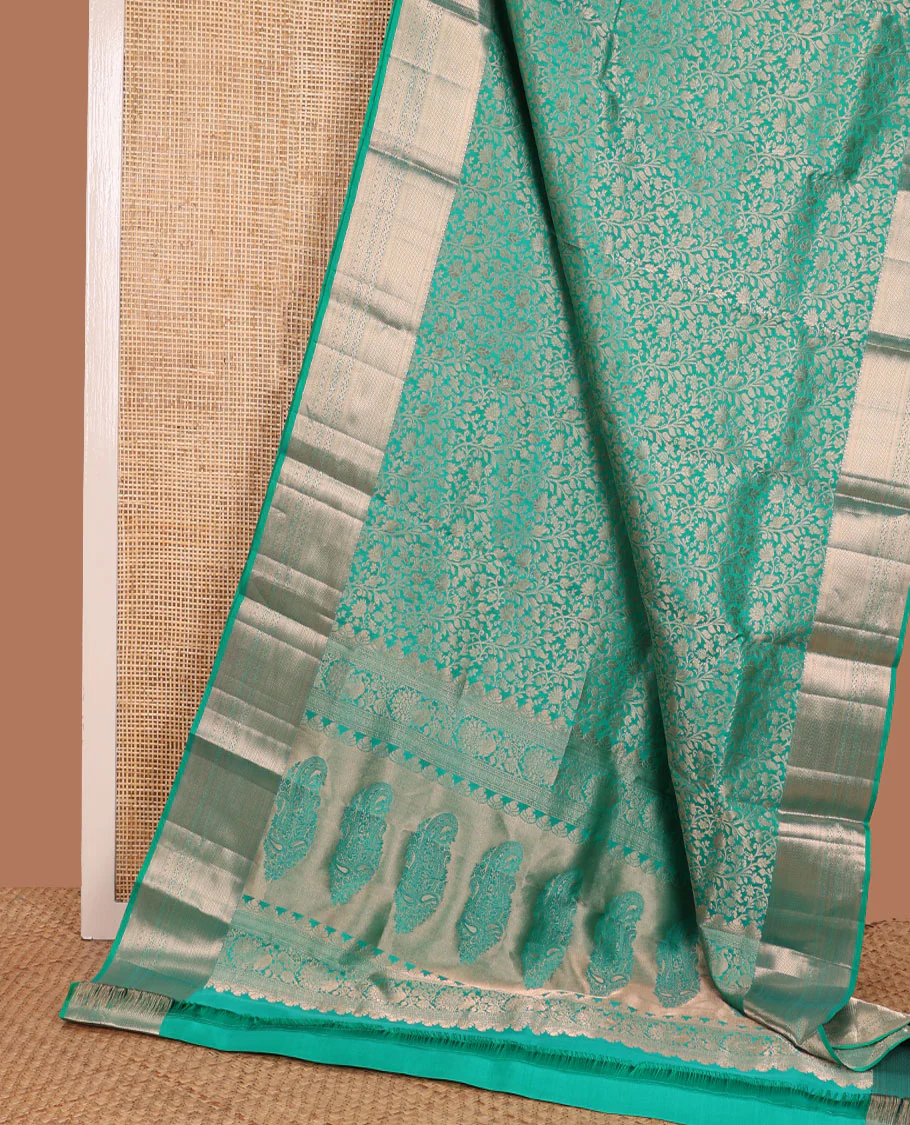Turquoise jacquard Kanchipuram wedding silk saree, zari border of kathir, mayil kann, rettai neli, and lavangam kodi designs, and manga design pallu - Image 3