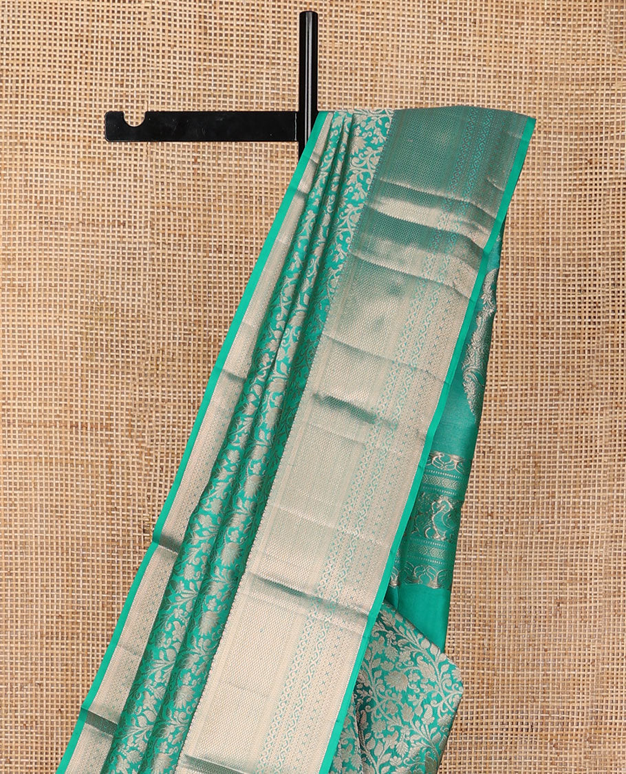 Turquoise jacquard Kanchipuram wedding silk saree, zari border of kathir, mayil kann, rettai neli, and lavangam kodi designs, and manga design pallu - Image 4