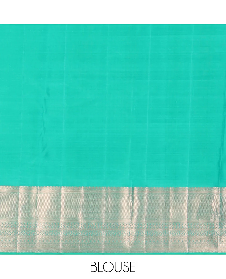 Turquoise jacquard Kanchipuram wedding silk saree, zari border of kathir, mayil kann, rettai neli, and lavangam kodi designs, and manga design pallu - Image 6