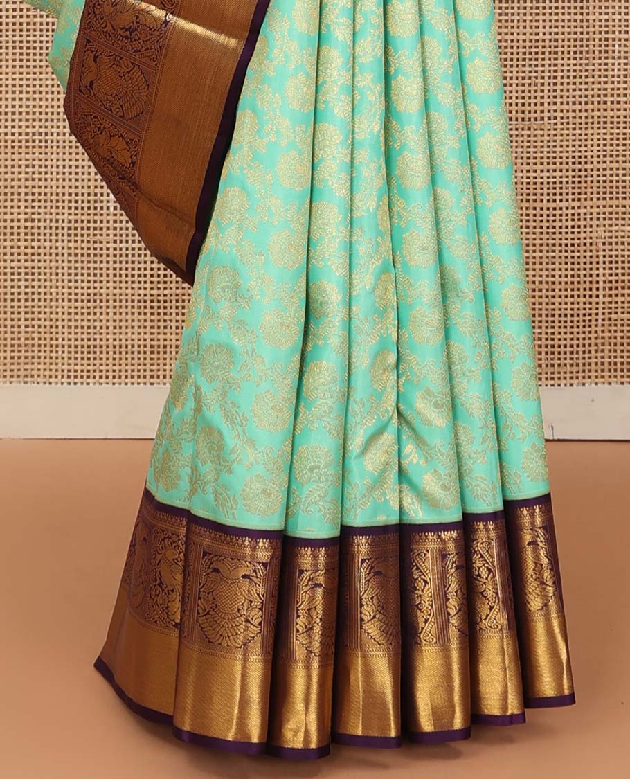 Turquoise jacquard wedding silk saree, contrast border of mayil, and iruthalai pakshi design, and floral design pallu - Image 5