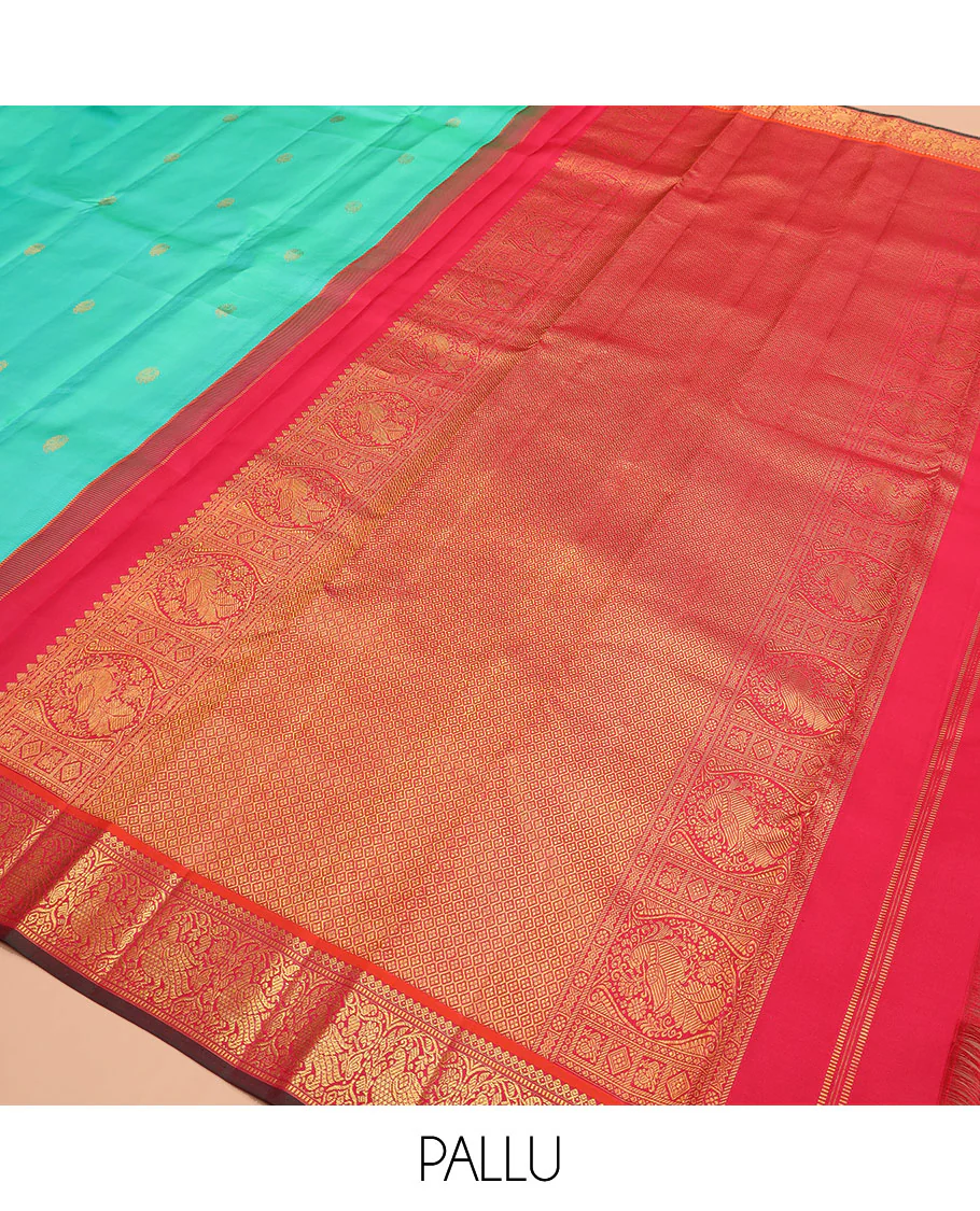 Turquoise mayil buttas silk saree, contrast border of thilakam mokku, muthu, and mayil designs, and jaal pallu - Image 5