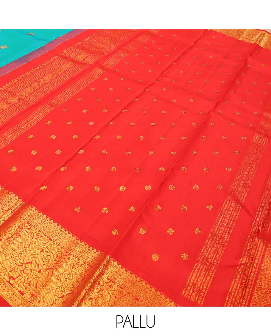 Turquoise mayil chakram buttas Kanchipuram silk saree, contrast border of thilakam mokku, cross kamalam, and mayil designs, and chakram design pallu - Image 5