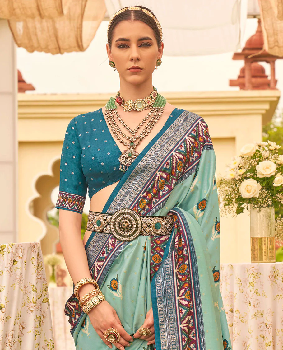 Turquoise patola floral motifs printed designer saree, contrast intricate patola border, and floral motifs patola printed pallu - Image 2