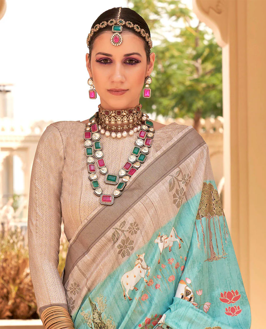 Turquoise pichwai cow, tree, floral, and lotus printed designer catalog saree, contrast border of floral motifs, and pallu of temple design - Image 2