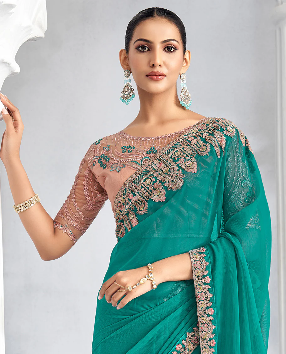 Turquoise plain designer saree, embroidered border, and self-pallu - Image 2