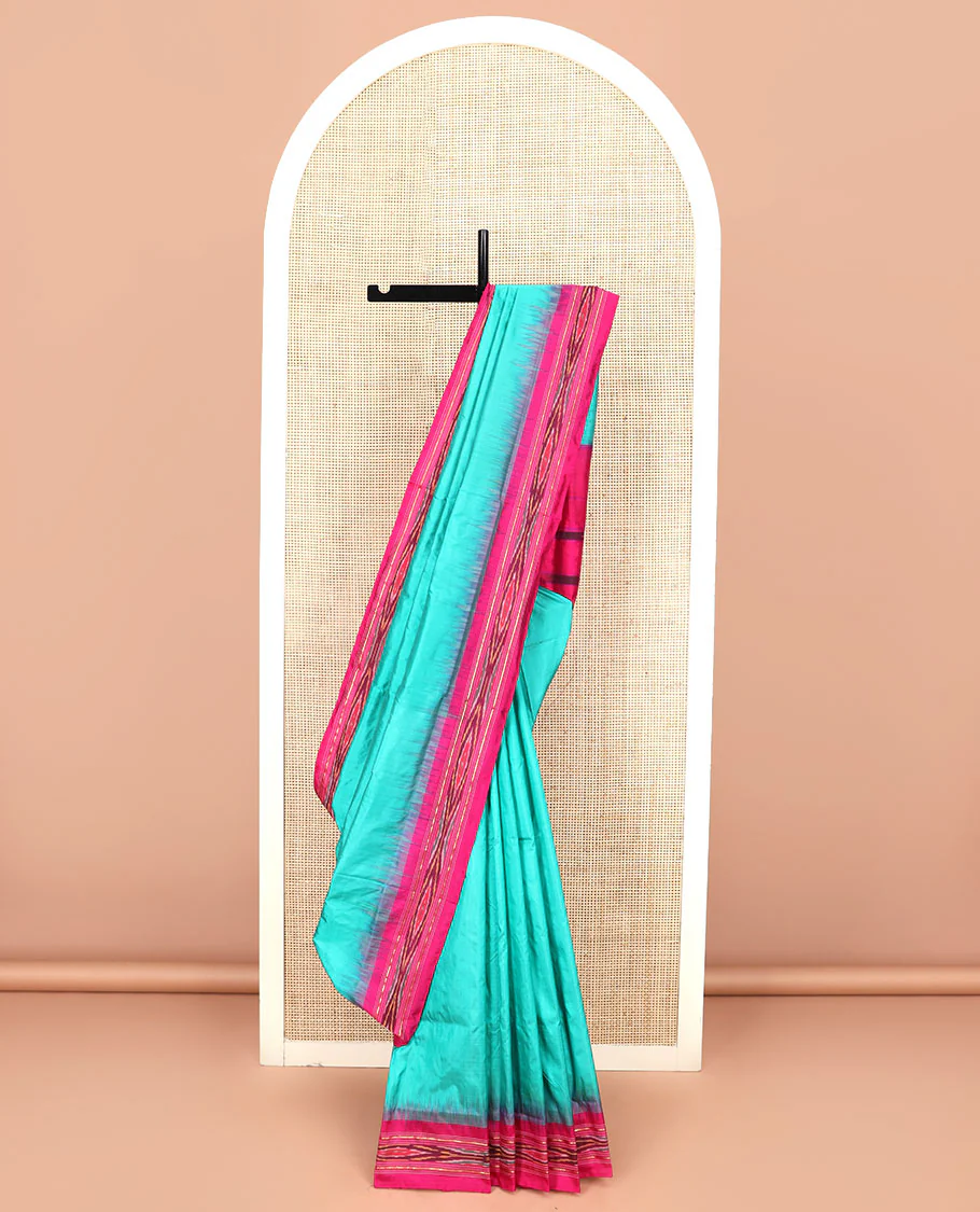 Turquoise Plain Ikkat Silk Saree with a Contrast Pink Border Completed by a Hazy Ikkat Weave, Featuring a Pallu with Stripes and Ikkat Texture - Image 2