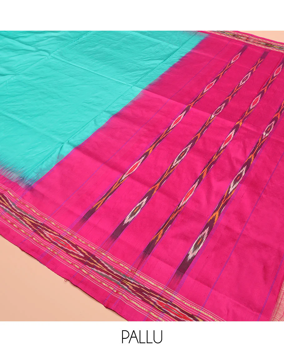 Turquoise Plain Ikkat Silk Saree with a Contrast Pink Border Completed by a Hazy Ikkat Weave, Featuring a Pallu with Stripes and Ikkat Texture - Image 5