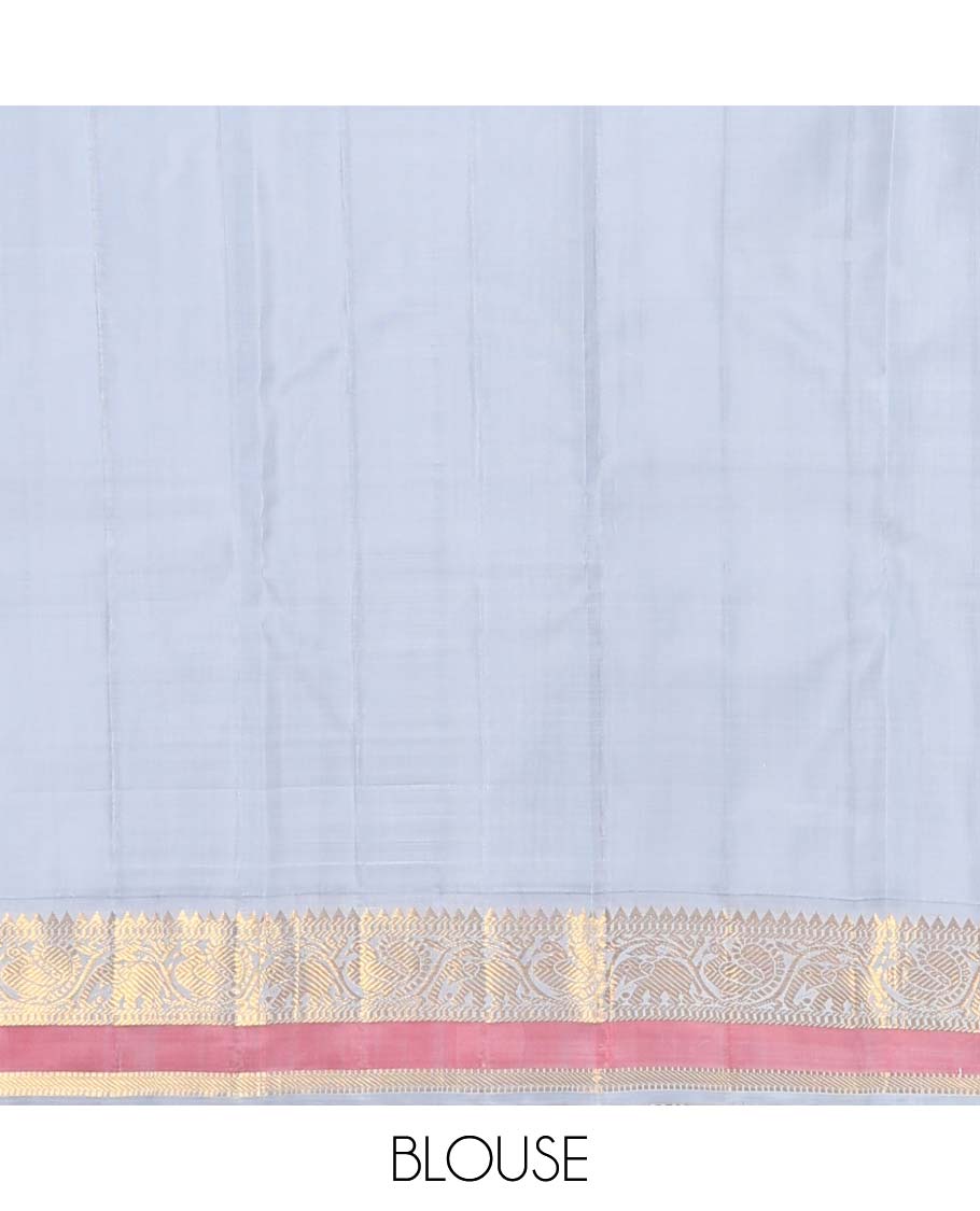 Turquoise plain Kanchipuram korvai silk saree, contrast neer korvai border of rekku, muthu, banaras, and kodi mayil and yaanai designs, and floral jaal pallu - Image 6