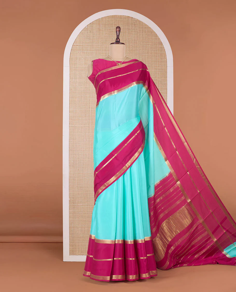 Turquoise plain Mysore silk saree, contrast traditional zari border, and zari-rich pallu - Image 2
