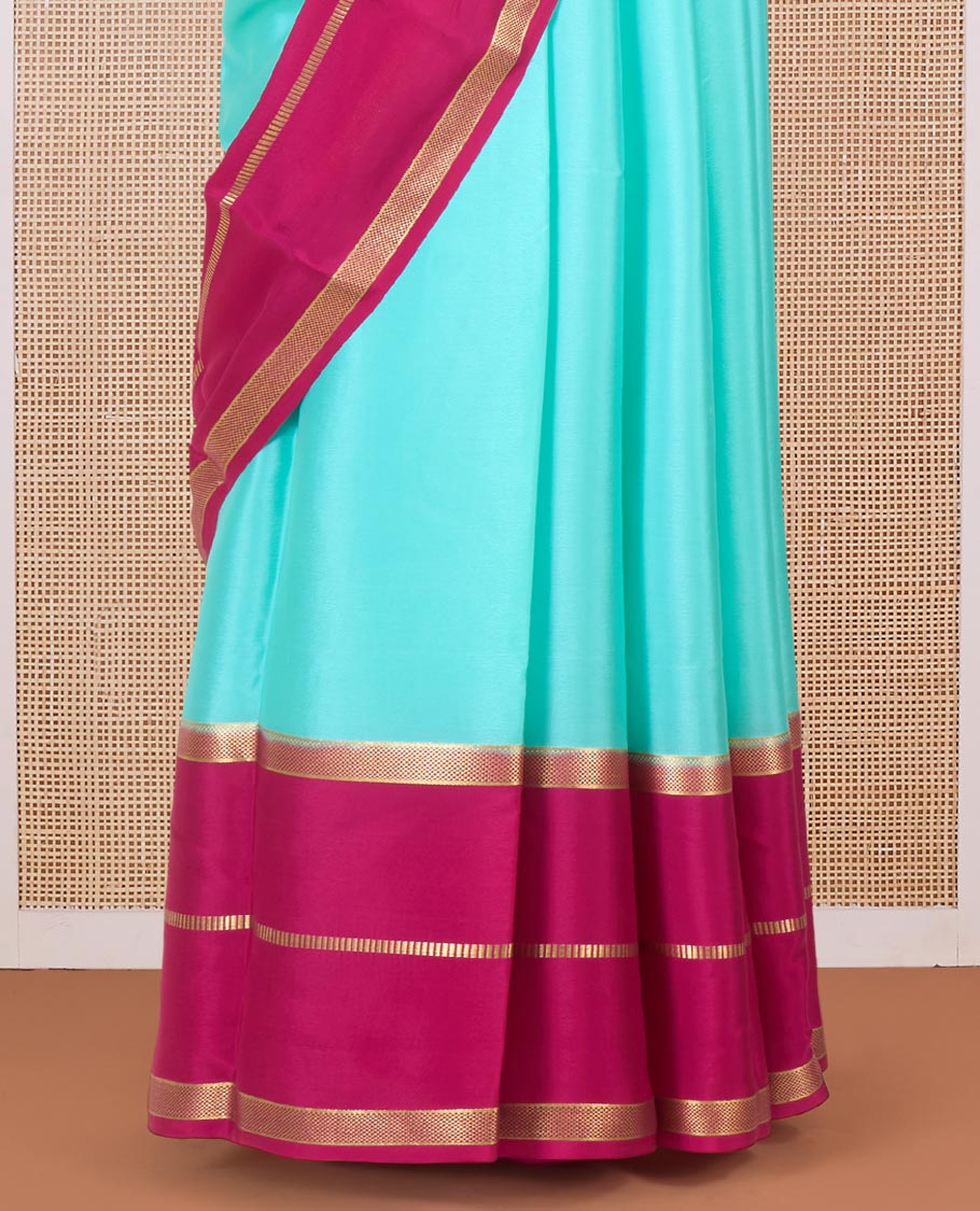 Turquoise plain Mysore silk saree, contrast traditional zari border, and zari-rich pallu - Image 3