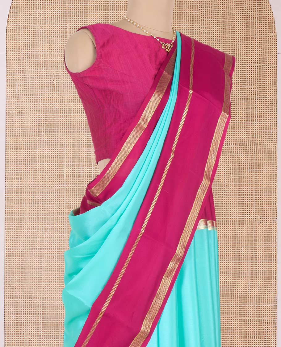 Turquoise plain Mysore silk saree, contrast traditional zari border, and zari-rich pallu - Image 4