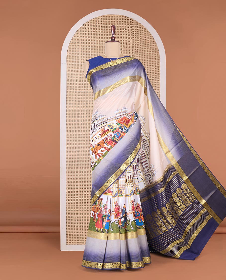 Multi-color Mughal style historical stories printed Mysore silk saree, contrast traditional zari border, and floral zari design pallu - Image 2