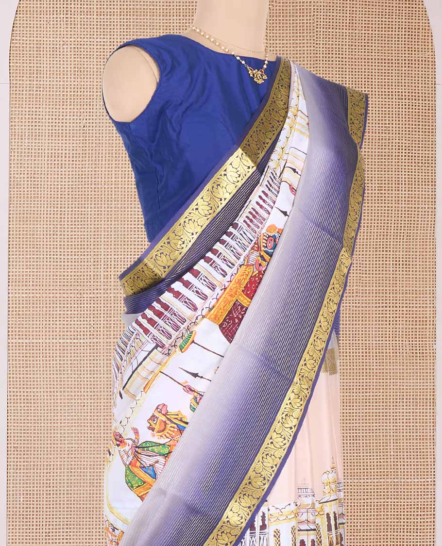 Multi-color Mughal style historical stories printed Mysore silk saree, contrast traditional zari border, and floral zari design pallu - Image 3