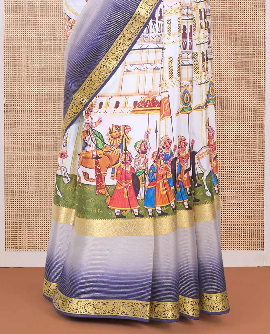 Multi-color Mughal style historical stories printed Mysore silk saree, contrast traditional zari border, and floral zari design pallu - Image 4