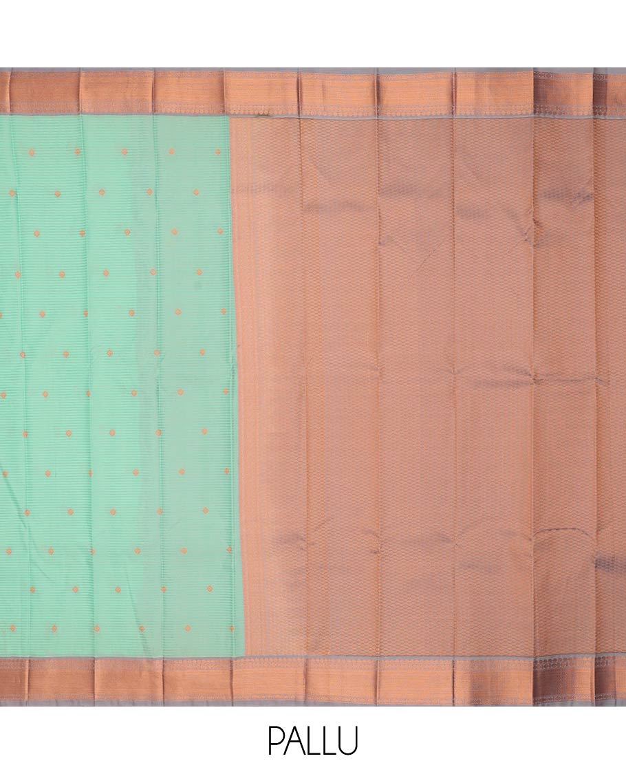 Turquoise zari buttas and striped gift saree, contrast traditional zari design woven border, and jaal pallu - Image 3