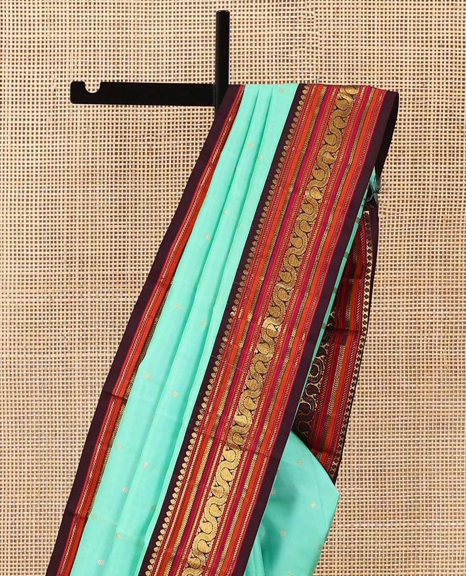 Turquoise zari buttas Kanchipuram silk saree, contrast korvai border of salangai, nuli nagam, kathir, and dhavanai manga kodi designs, and mayil kann woven pallu - Image 4