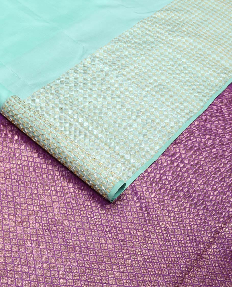 Turquoise zari buttas Kanchipuram silk saree,  zari border of jaal designs, and contrast jaal pallu - Image 2