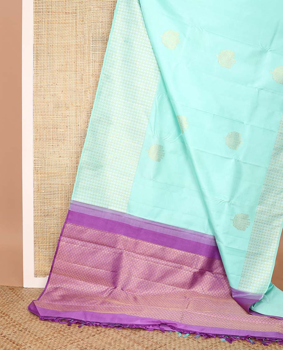 Turquoise zari buttas Kanchipuram silk saree,  zari border of jaal designs, and contrast jaal pallu - Image 3