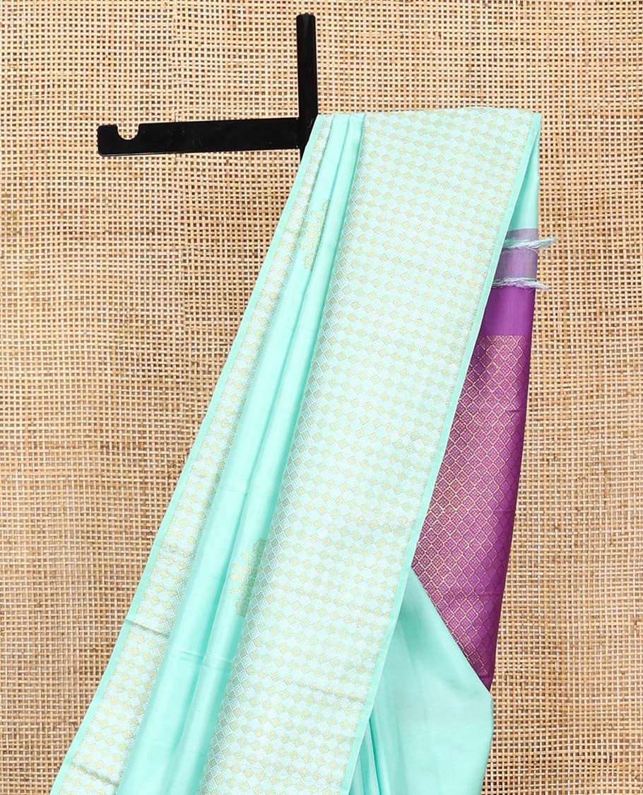 Turquoise zari buttas Kanchipuram silk saree,  zari border of jaal designs, and contrast jaal pallu - Image 4