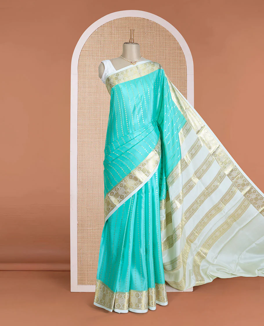 Turquoise zari buttas Mysore silk saree, contrast peacock and chakram zari border, and pallu steeped with traditional zari designs - Image 2