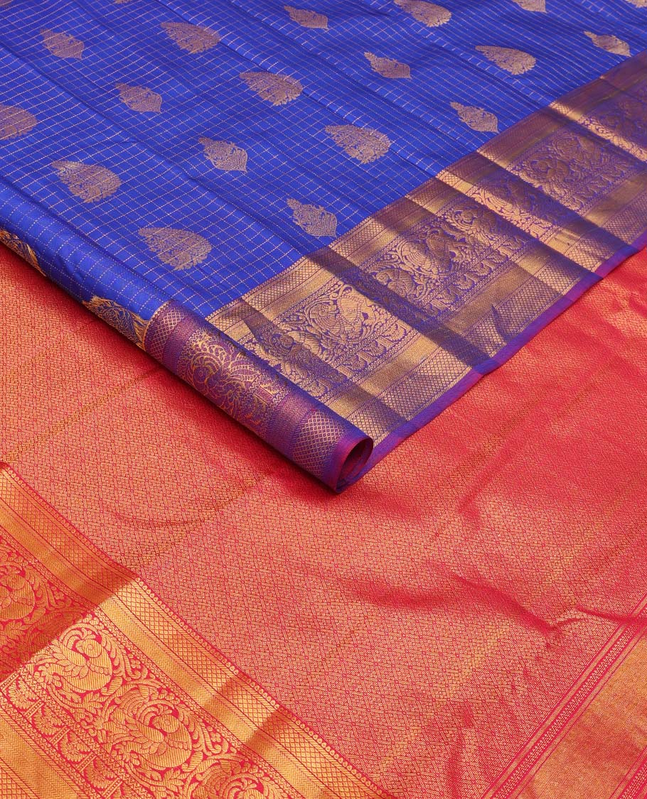 Ultramarine blue checked and zari buttas Vasundhara silk saree, contrast border of mayil kann, banaras, vanki, neli, and mayil, and jaal pallu - Image 2