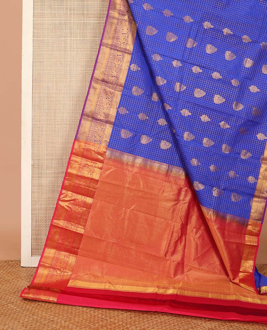 Ultramarine blue checked and zari buttas Vasundhara silk saree, contrast border of mayil kann, banaras, vanki, neli, and mayil, and jaal pallu - Image 3