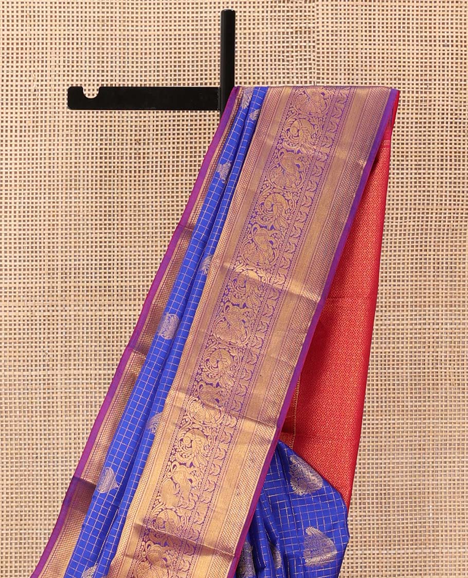 Ultramarine blue checked and zari buttas Vasundhara silk saree, contrast border of mayil kann, banaras, vanki, neli, and mayil, and jaal pallu - Image 4