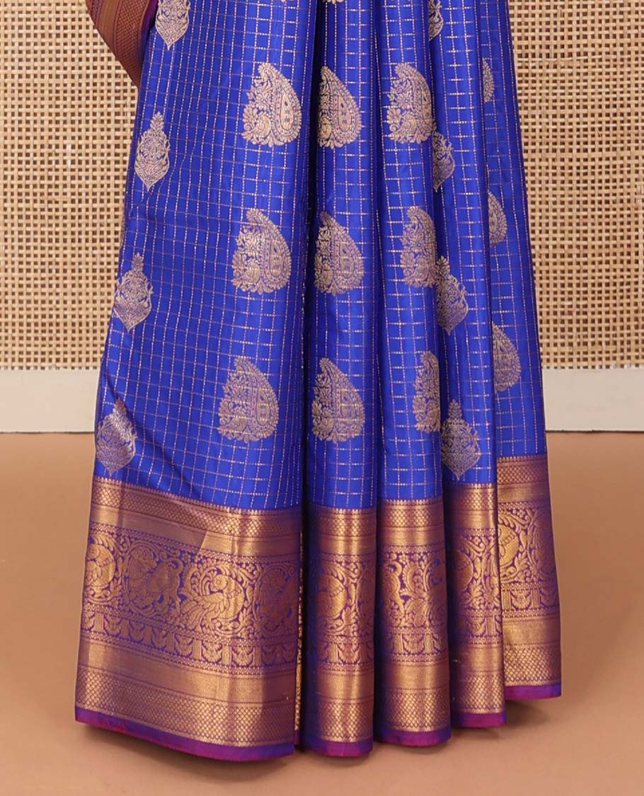 Ultramarine blue checked and zari buttas Vasundhara silk saree, contrast border of mayil kann, banaras, vanki, neli, and mayil, and jaal pallu - Image 5