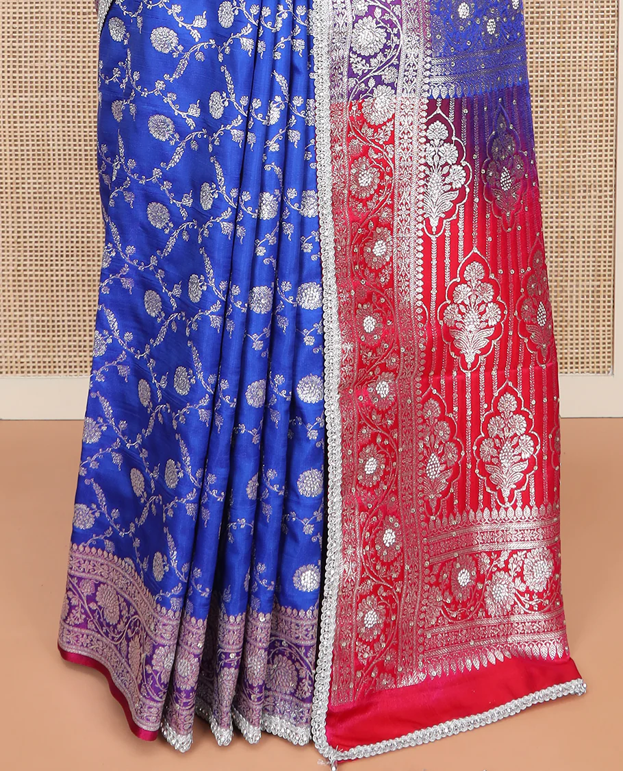 Ultramarine blue floral jaal jacquard banarasi silk saree, contrast lace zari border of floral creeper designs, and pallu of Mughal-style intricate motifs - Image 4