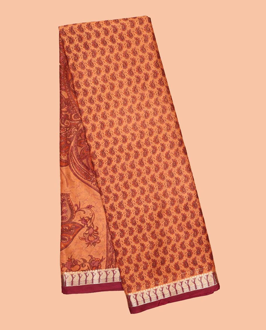 Unique motifs semi-banaras printed saree, contrast paisley border & intricately printed pallu