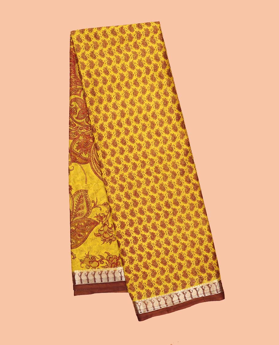 Unique motifs semi-banaras printed saree, contrast paisley border & intricately printed pallu - Image 10