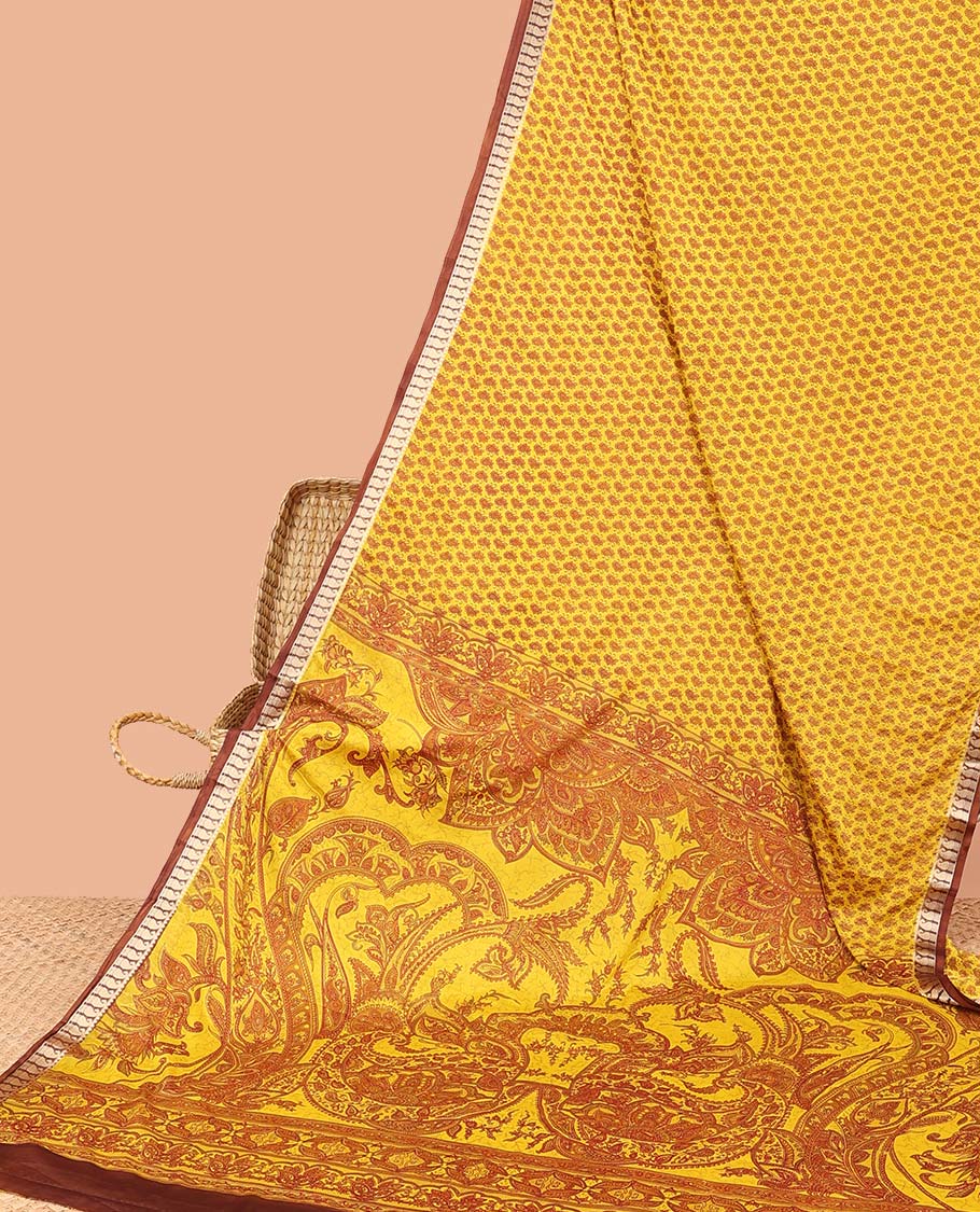 Unique motifs semi-banaras printed saree, contrast paisley border & intricately printed pallu - Image 11