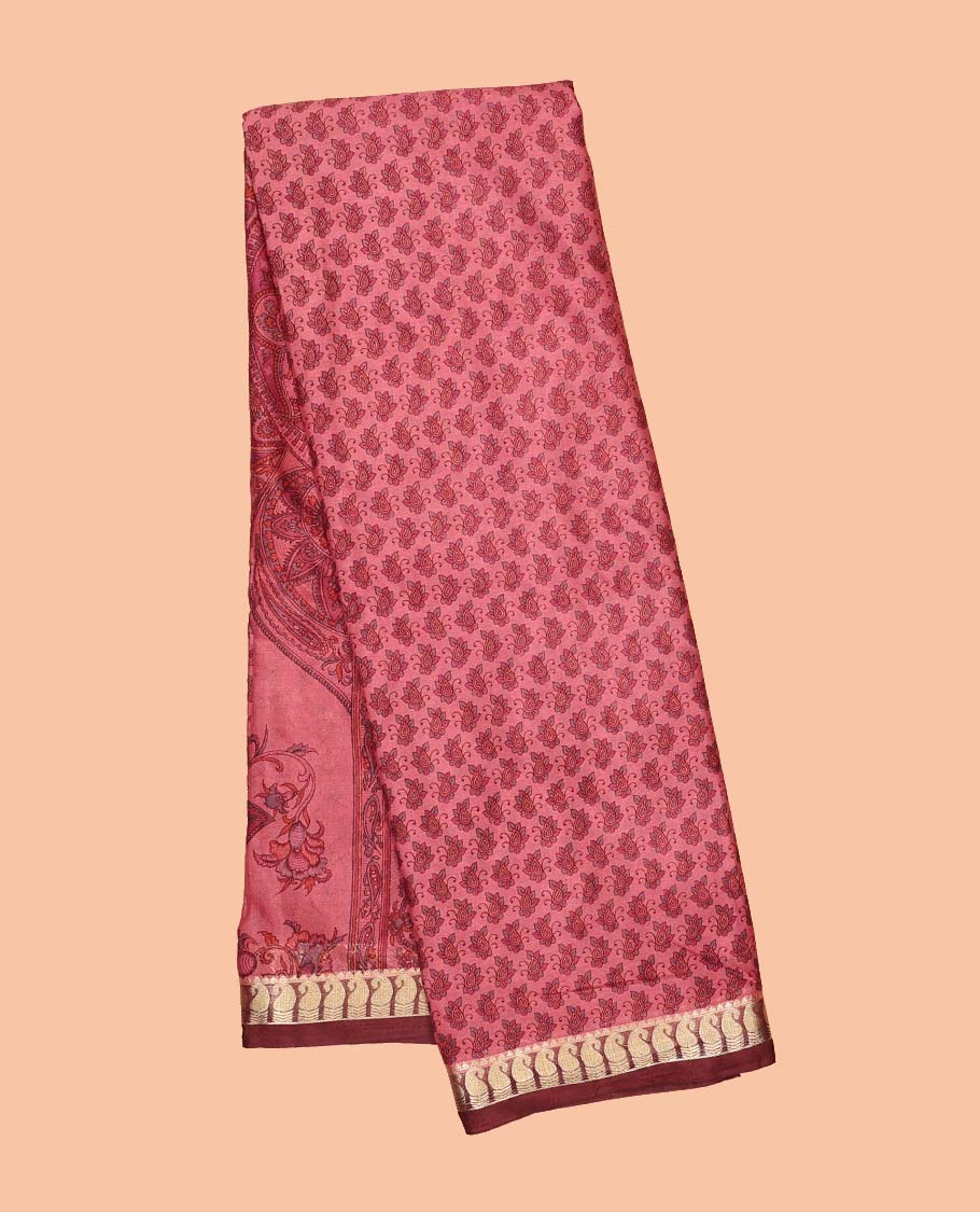 Unique motifs semi-banaras printed saree, contrast paisley border & intricately printed pallu - Image 13