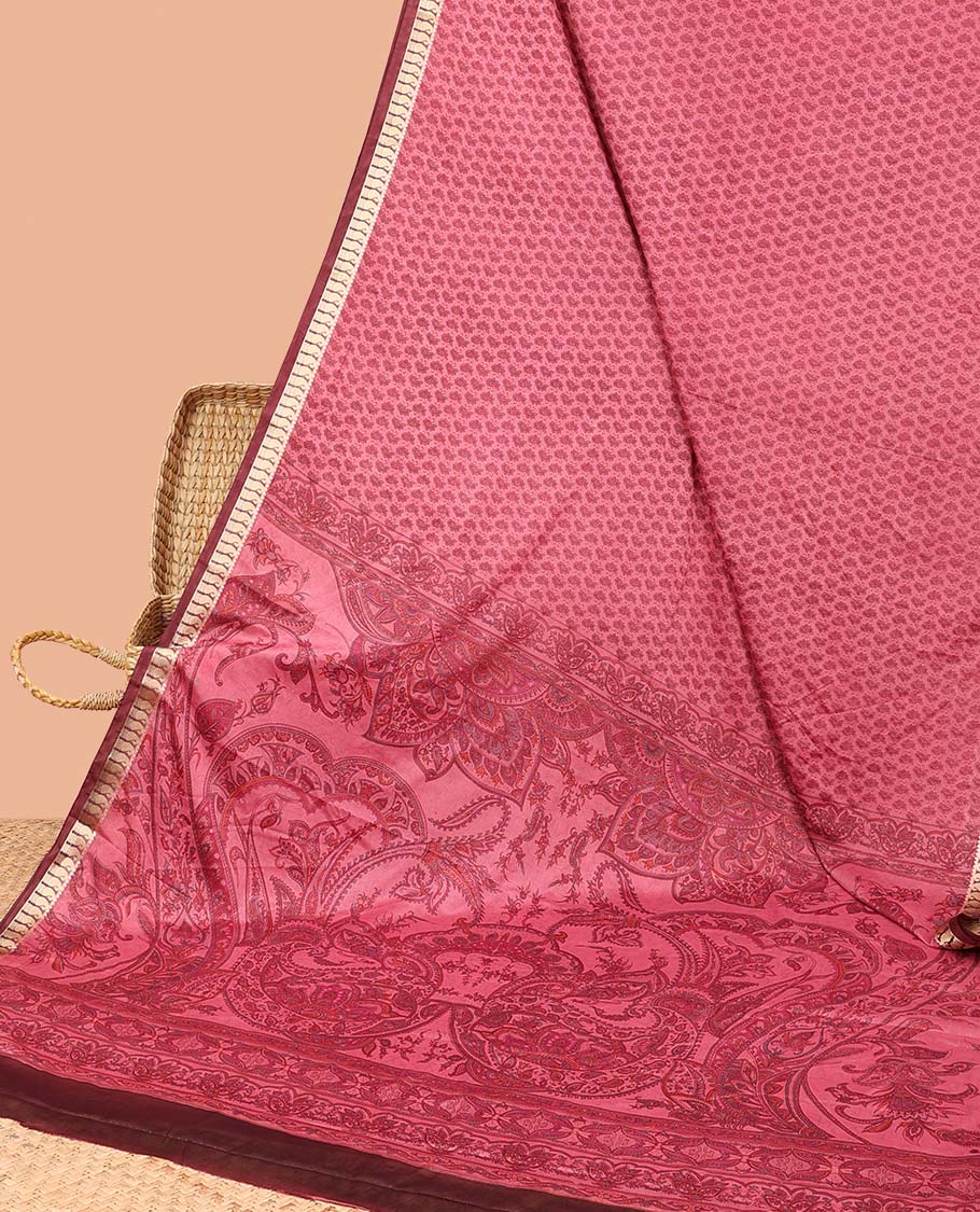 Unique motifs semi-banaras printed saree, contrast paisley border & intricately printed pallu - Image 14