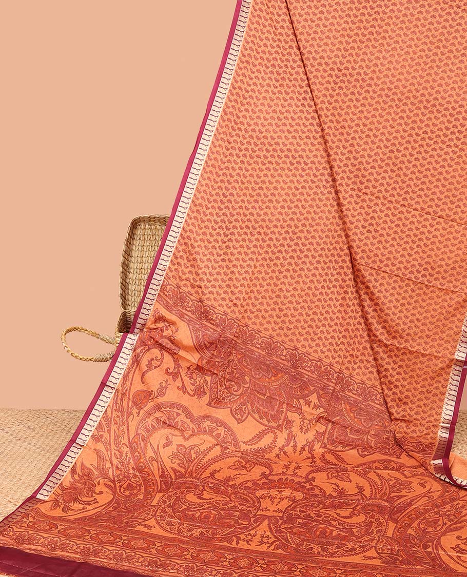 Unique motifs semi-banaras printed saree, contrast paisley border & intricately printed pallu - Image 2
