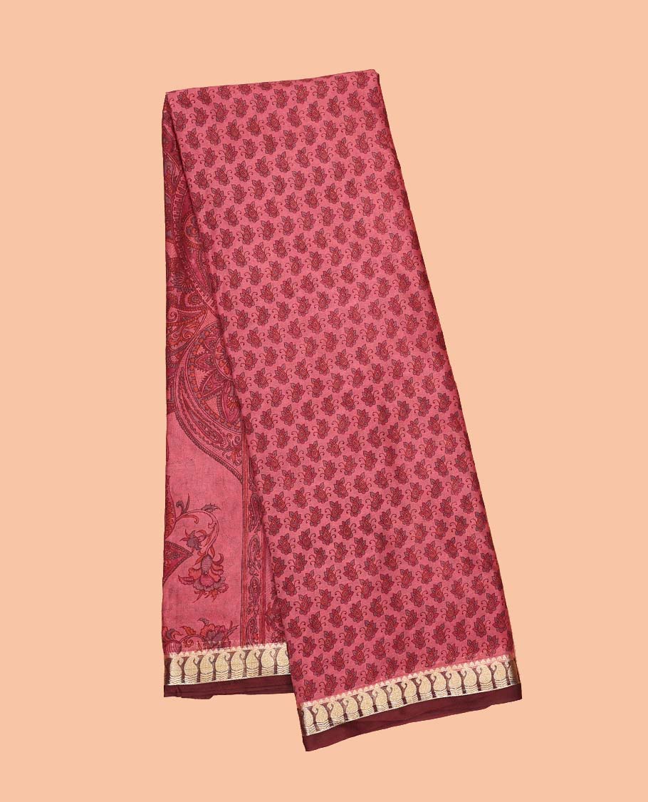 Unique motifs semi-banaras printed saree, contrast paisley border & intricately printed pallu - Image 4