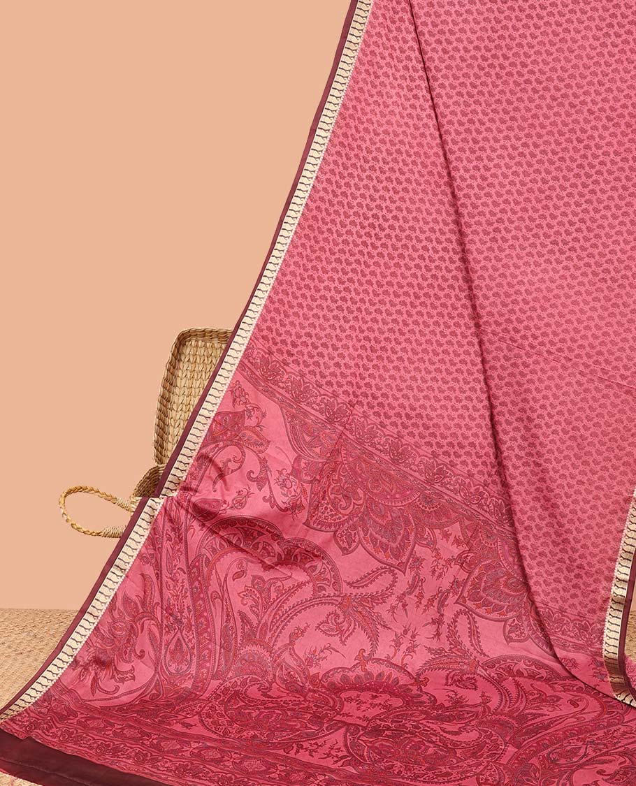 Unique motifs semi-banaras printed saree, contrast paisley border & intricately printed pallu - Image 5