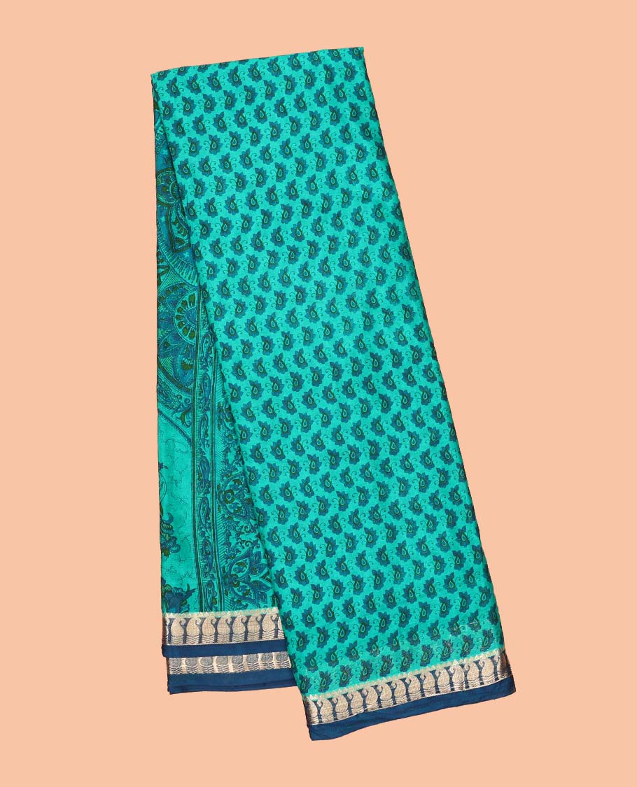 Unique motifs semi-banaras printed saree, contrast paisley border & intricately printed pallu - Image 7